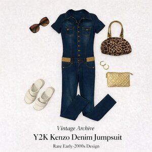 Rare Vintage Y2K Kenzo Gold Blue Denim Short Sleeve Stretch Jumpsuit Women Sz 8